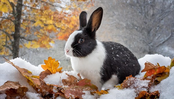 KI generated, A black and white dwarf rabbit in a meadow with autumn leaves, onset of winter, ice,