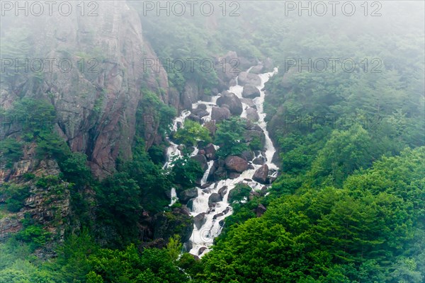 A stunning waterfall with misty waters plunging through rocky cliffs covered in greenery, in South