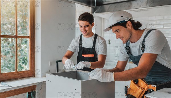Ki generated, Two young men assemble furniture, DIY, wear gloves to protect hands from splinters