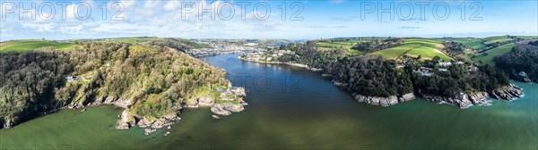 Panorama of Dartmouth Castle and Kingswear Castle over River Dart from a drone, Dartmouth,