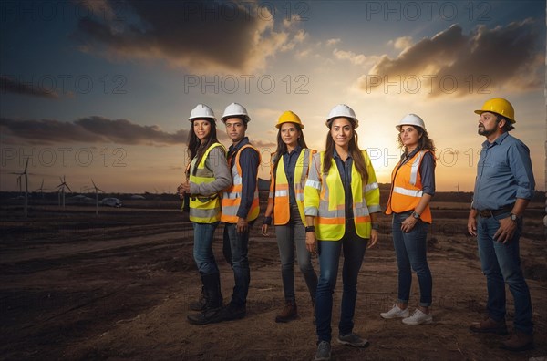Team of workers in hard hats and reflective vests in front of wind turbines, women at heavy