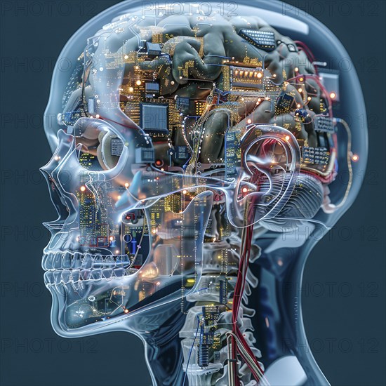Medical a human head with brain and computer chip, symbol image KI in the human brain, ai