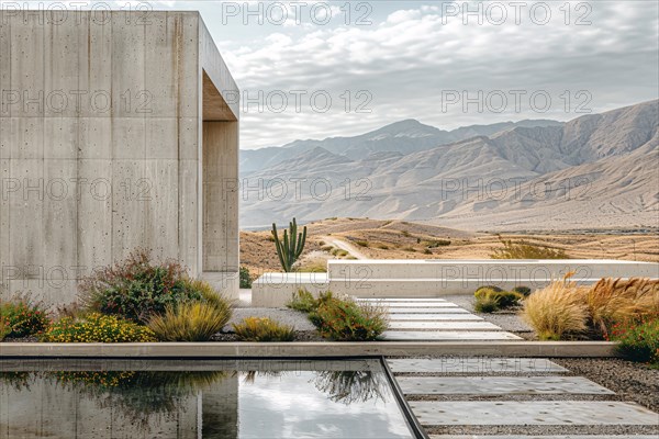 Modern concrete building with water features in a desert landscape with mountains in the