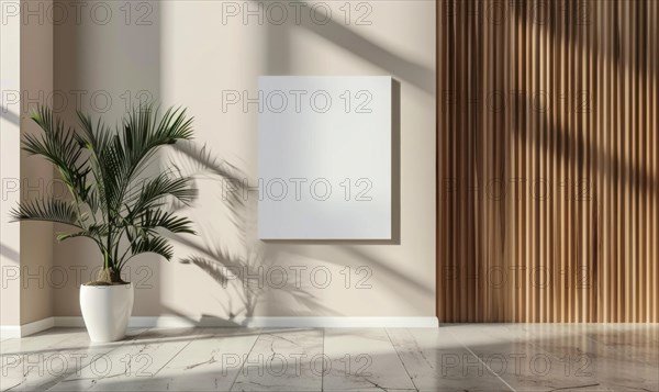 A sunlit corner displaying minimalistic beauty with a palm plant, marble flooring, and an empty