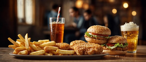 A meal of burgers in a restaurant, fries, chicken, beer, and soda on a wooden table, wide