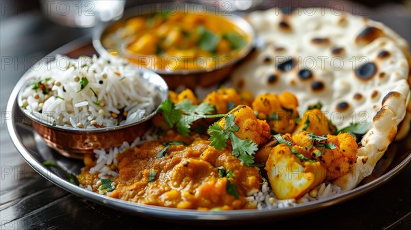 A vibrant Indian meal with paneer curry, naan bread, and rice for a tasty lunch, ai generated, AI