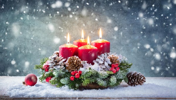 Ai generated, Advent wreath with burning candles, Christmas season, Christmas decoration, 4th
