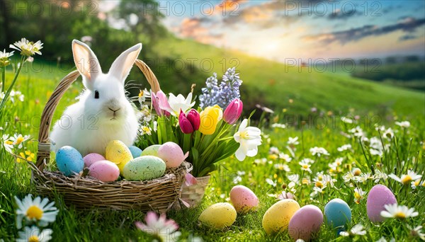 Ai generated, An Easter basket with coloured eggs in a meadow with colourful flowers, in the basket
