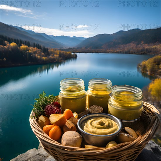 Basket brimming with glass jars filled with homemade hummus partnered with carrot sticks, AI
