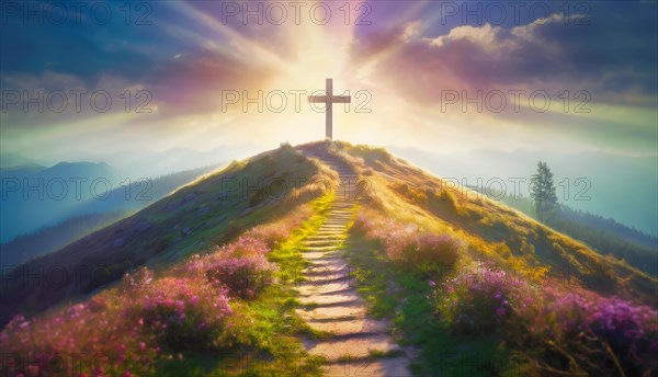 Footpath leading to a cross on top of the hill backlit by soft light beams. Heavenly beautiful