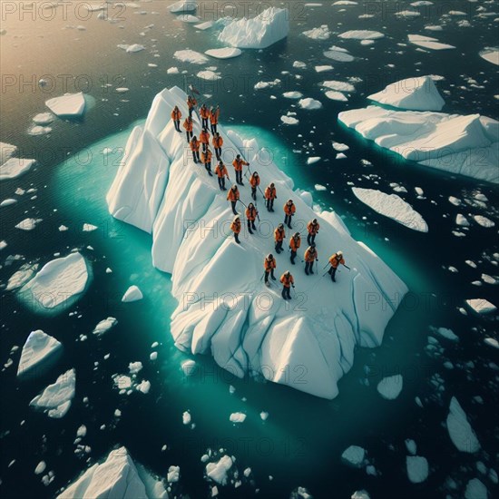 Aerial view of group people wearing yellow winter garment standing on a large block of ice in the