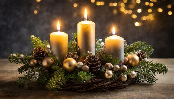 Ai generated, Advent wreath with burning candles, Christmas time, Christmas decoration, 3rd Advent,