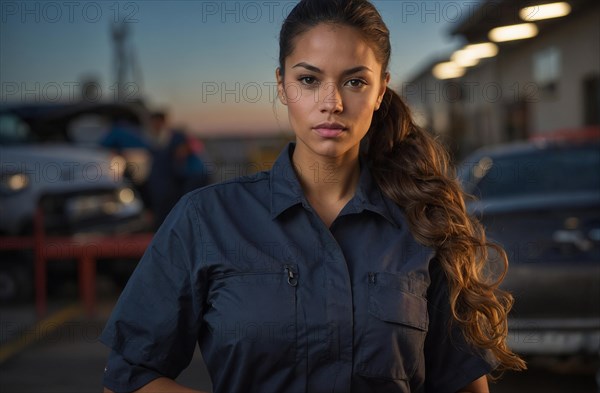 A confident mechanic woman stands at dusk in front of a car repair shop in professional attire,