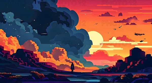 Website header blending retro pixel style elements and modern graphics pixelated icons, AI