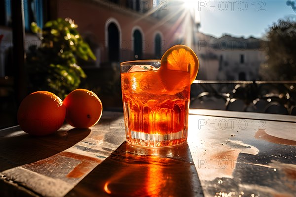 Aperol spritz radiating bright and bubbly charm glass positioned on a sunlit terrace table, AI