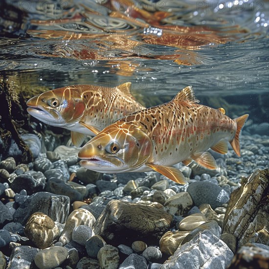 Salmon (Salmo salar) on the migration and swim up a stream in shallow, clear water, ai generiert,