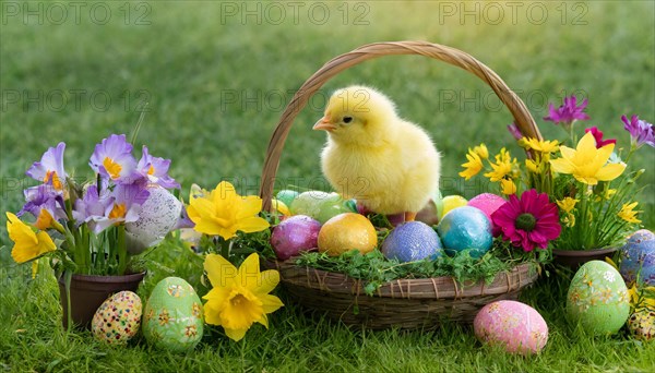 Ai generated, An Easter basket with coloured eggs in a meadow with colourful flowers, a chicken