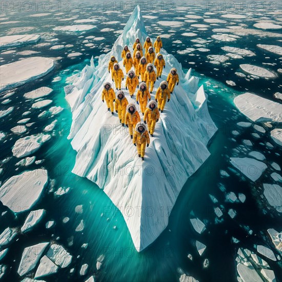 Aerial view of group people wearing yellow winter garment standing on a large block of ice in the