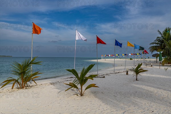 White sand beach with many flags, Bangaram island, Lakshadweep archipelago, Union territory of