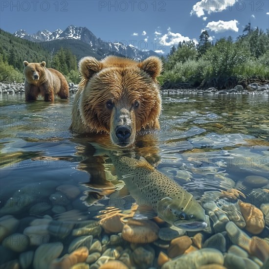 A brown bear hunts salmon in shallow clear water, AI generated
