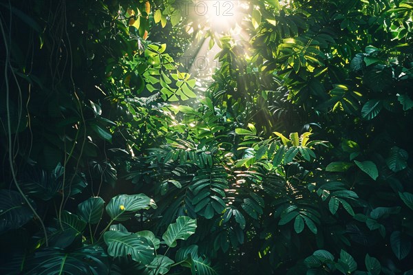 Rays of light pierce through the dense, lush foliage of a vibrant jungle, creating a tranquil