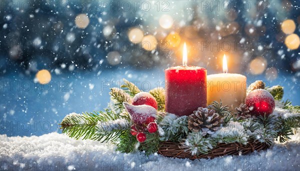 Ai generated, Advent wreath with burning candles, Christmas time, Christmas decoration, 2nd Advent,