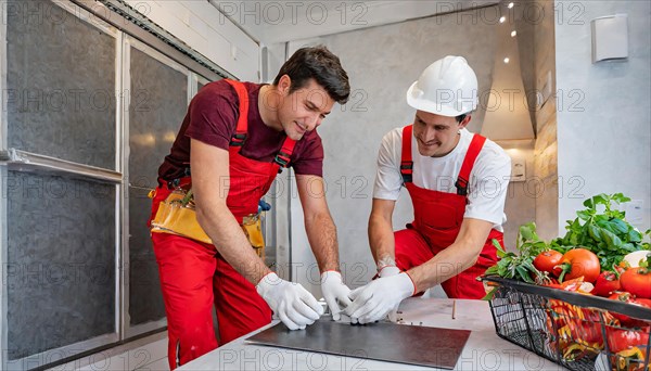 Ki generated, Two young men assemble furniture, DIY, wear gloves to protect hands from splinters
