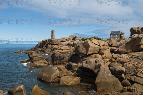 Lighthouse and granite rock, Phare de Ploumanac'h, Phare de Mean Ruz, Cote de Granit Rose,