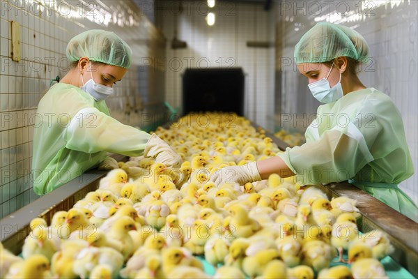 Male chicks on a conveyor belt. In poultry production, chick killing or chick shredding refers to