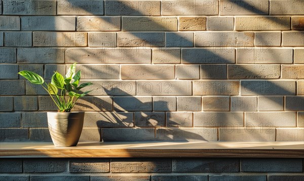 Sunlight filters through blinds, casting shadow patterns over a plant on a shelf against a brick