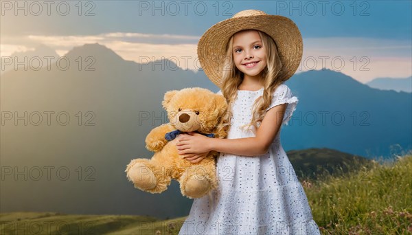 Ai generated, A blonde girl, 8 years old, enjoys the summer in a meadow with lots of flowers and is