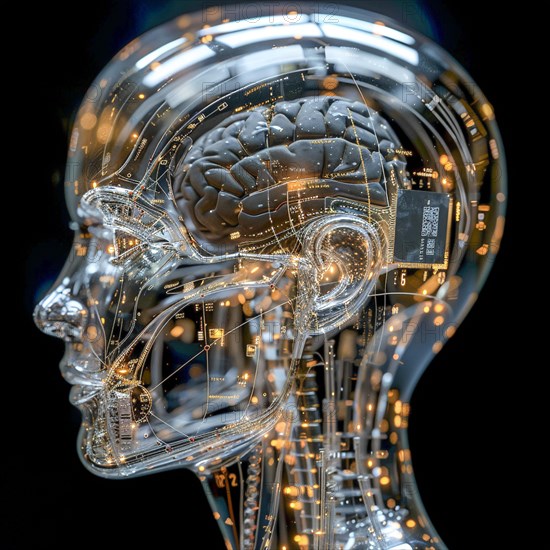 Medical a human head with brain and computer chip, symbol image KI in the human brain, ai