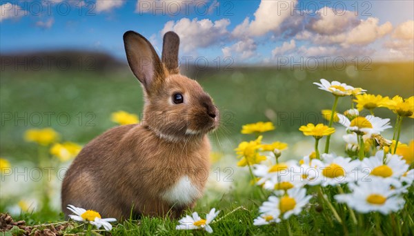 KI generated, A colourful dwarf rabbit in a meadow with white and yellow flowers, spring, side