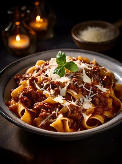 Pappardelle pasta entangled in a savory wild boar ragu, AI generated