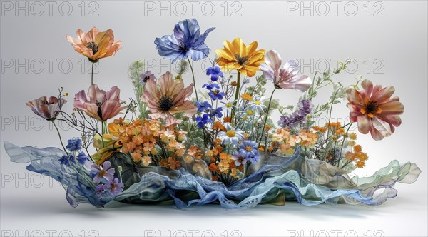A spread of colorful, semi-transparent fabric flowers arranged artistically, ai generated, AI