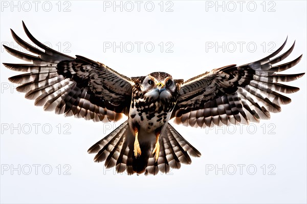 European nightjar caught mid flight wings fully extended isolated on pure white background, AI