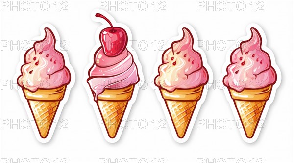 A set of pink ice cream cones with a cherry on top illustrated in a delicious style, ai generated,