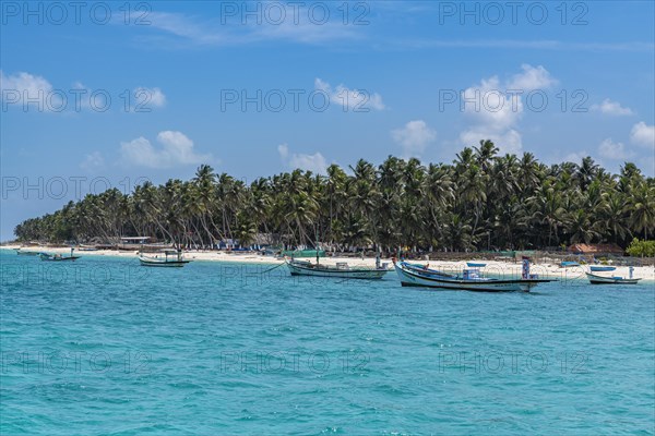 Little boats before a palm fringed white sand beach, Agatti Island, Lakshadweep archipelago, Union