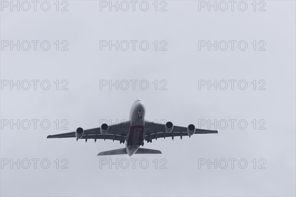 Airbus A380 aircraft of Emirates airlines on approach to land at Heathrow airport, England, United