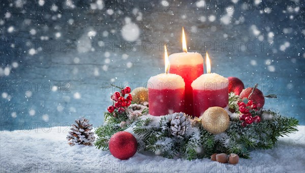 Ai generated, Advent wreath with burning candles, Christmas time, Christmas decoration, 3rd Advent,