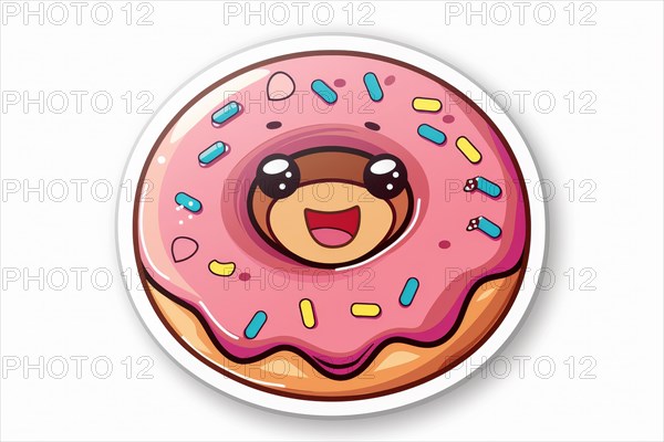 A cute cartoon donut with smiling face, pink icing, and colorful sprinkles, ai generated, AI