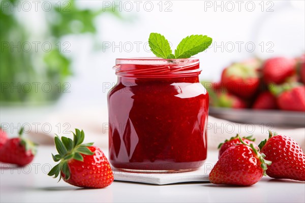 Glass jarw ith red strawberry jam or marmelade surrounded by fruits. KI generiert, generiert AI