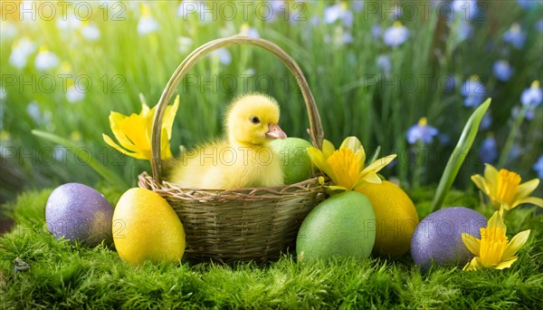 KI generiert, An Easter basket with coloured eggs in a meadow with colourful flowers, in the basket
