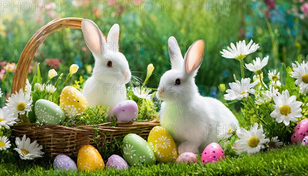 Ai generated, An Easter basket with coloured eggs in a meadow with colourful flowers, in the basket