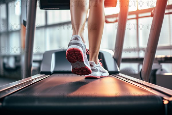 Back view of woman's slim legs in spot sneakers jogging on treadmill in fitness studio. KI