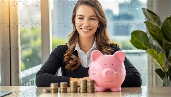 AI generated, A young woman, 20, 25, years, saves money and coins for the future, provision, nest