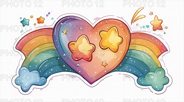 An illustrated heart connected to a rainbow, surrounded by stars and clouds, evoking a magical