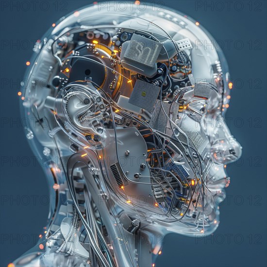 Medical a human head with brain and computer chip, symbol image KI in the human brain, ai