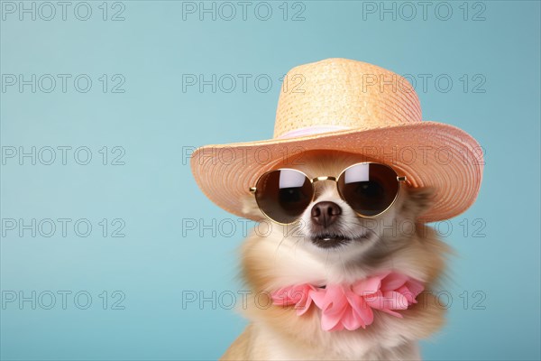 Funny dog with summer straw hat, large sunglasses and pink Hawaiian Lei flower necklace in front of
