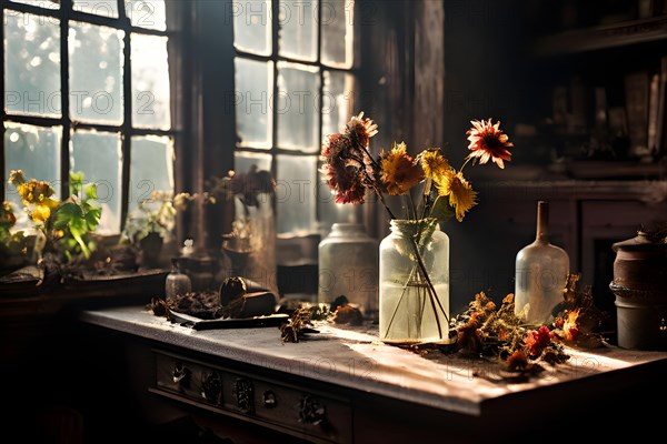 Wilted flowers embracing elegance in decay, AI generated